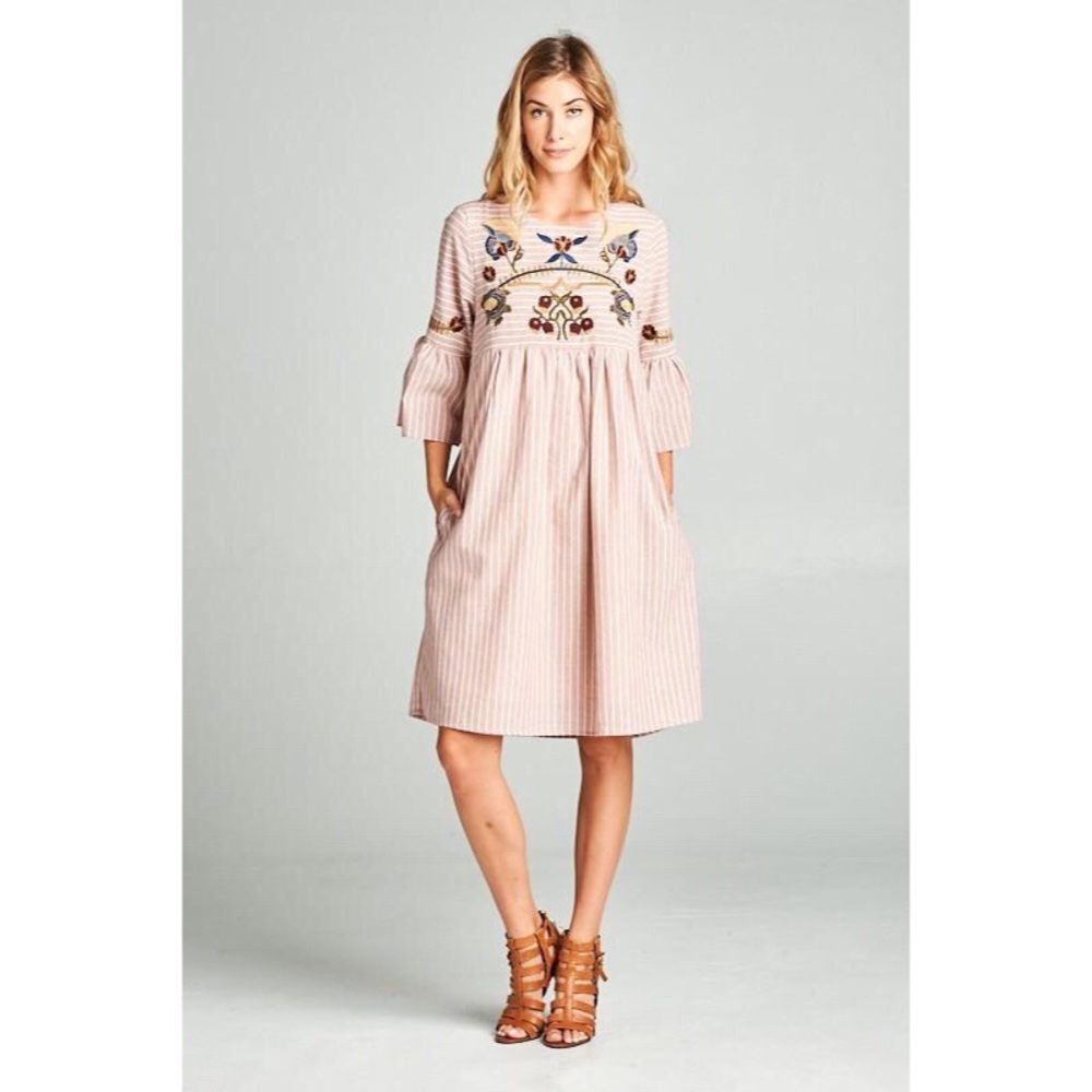 Striped Embroidered Dress with Pockets!